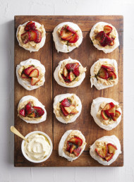 PETER GORDON'S MINI PAVLOVAS WITH BANANA CARAMEL MASCARPONE, STRAWBERRIES AND BASIL
