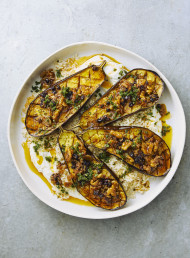 Roasted Eggplant with Warm Fennel Seed, Harissa and Walnut Dressing 