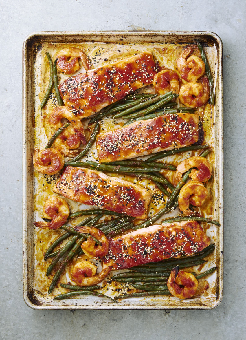 Tray-baked Gochujang Prawns and Salmon with Green Beans