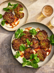 Crispy Baby Pea and Cumin Falafel Fritters with Garlic Yoghurt and Smoky Chilli Butter