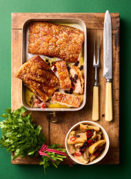 Crispy Roasted Pork Belly with Roasted Shallot and Apple Agrodolce