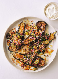 Eggplant with Date, Olive and Roasted Almond Salsa