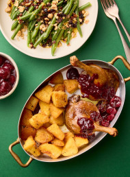 Slow Roasted Duck Legs with Duck Fat Potatoes and Mulled Wine Cherry Sauce