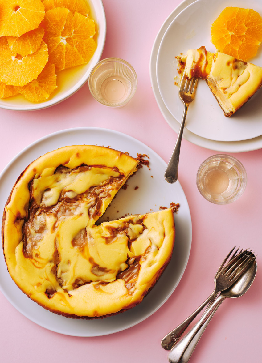 White Chocolate and Caramel Cheesecake with Brandy Oranges