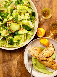 Crisp Greens and Avocado Goddess Dressing with Pan-fried Fish