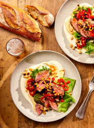 Lamb Fillet with Hummus and Smoky Capsicum, Currant and Pine Nut Salsa
