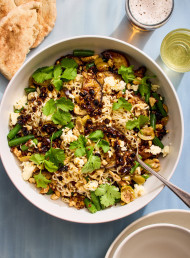 Roasted Eggplant, Noodle and Olive Salad with Pomegranate, Sesame and Cinnamon Dressing
