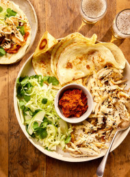 Quick-fix Chicken Tacos, Kimchi Maple Salsa and Slaw 