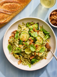 Zucchini and Broccoli Noodles with Walnut Pesto