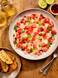 White Fish Crudo, Watermelon, Stracciatella and Chilli Crisp