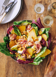 Bistro Salad with Warm Pears, Brie and Crispy Prosciutto