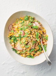 Quinoa, Sweetcorn and Edamame Bean Salad with Honey, Lime and Basil Dressing