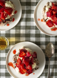 Mini Chocolate Pavlovas with Roasted Rhubarb and Strawberries