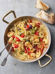 Blistered Tomatoes and Olives with Prawns and Oregano 