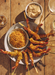 Grilled Prawns with Satay Sauce and Crispy Sev 