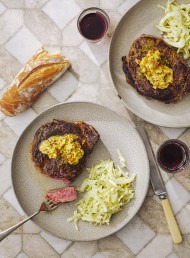 Rib-eye Steak with Pickle and Mustard Butter 