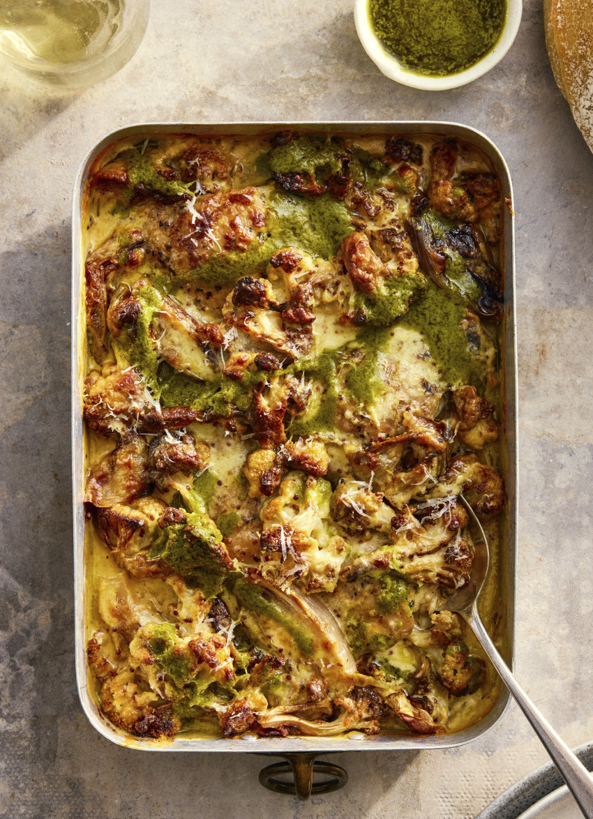 Creamy Cauliflower Cheese Chicken Bake with a Punchy Lemon Herb Oil