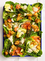 Hot Smoked Salmon and Asparagus Salad with Crispy Mustard Croutons 