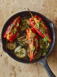 Creamed Corn Stuffed Peppers with Pickled Jalapeños