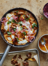 Sweet Potato Shakshuka with Sriracha Butter and Pickled Onions