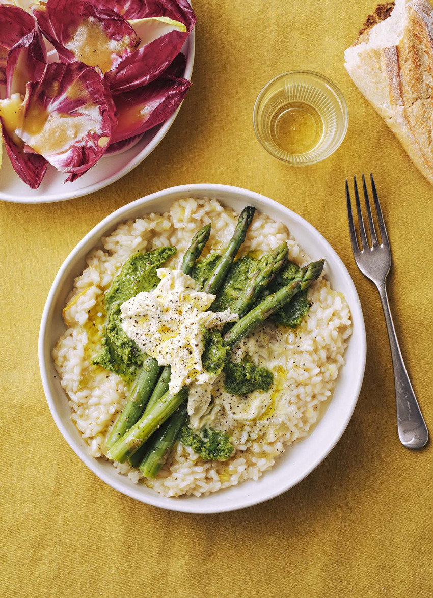 Bowl of Lemon Risotto, Herby Pea Swirl and Asparagus