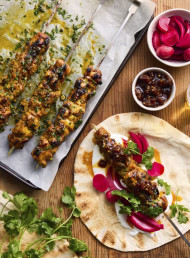 Chicken Shish Kebab Flatbreads with Pickles, Garlic Yoghurt and Sticky Date Relish 