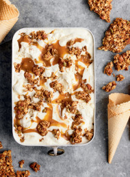 Vanilla Bean Ice Cream with Seedy Toasted Granola and Apple Cider Caramel Sauce