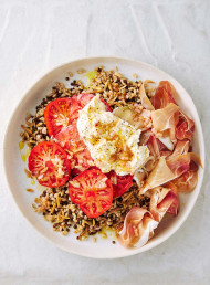 Farro, Lentil, Tomato, Prosciutto and Burrata Salad