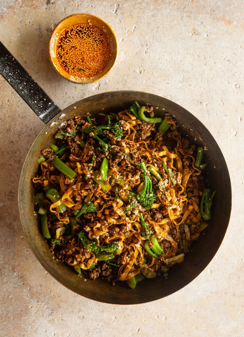 Pan of Cumin Lamb Mince Noodle dish