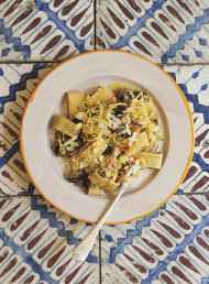 Calamarata Pasta with Eggplant, Olives, Pecorino Romano and Almonds
