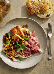 Golden Haloumi with Honey, Harissa and Prosciutto