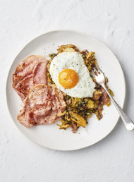 Barbecued Breakfast Hash with Ham and Eggs
