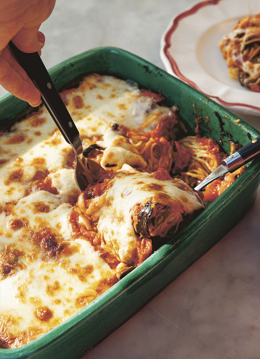 Baked Eggplant with Pasta, Mozzarella and Tomatoes
