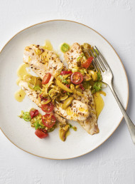 Market Fish with Green Olive, Jalapeño and Tomato Salsa