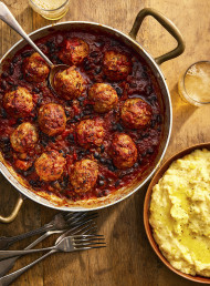 Smoky Mexican Meatballs in Adobo Sauce with Creamy Polenta and Parmesan