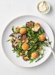 Warm Mushroom Salad with Parmesan Cheese Balls and Walnuts