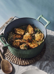 One-pot Roast Chicken with Pearl Barley, White Wine and Peas