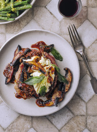 Pepper Steak with Marsala Glaze, Mushrooms and Burrata