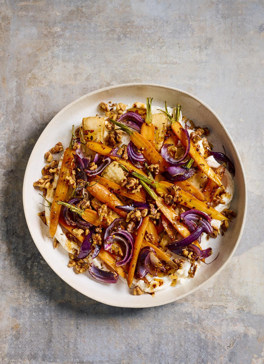 roasted carrots and parsnip on whipped ricotta