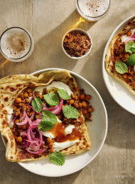 Speedy Tikka Masala Lamb and Chickpeas with Mango Chutney Flatbreads and Quick Pickled Red Onions