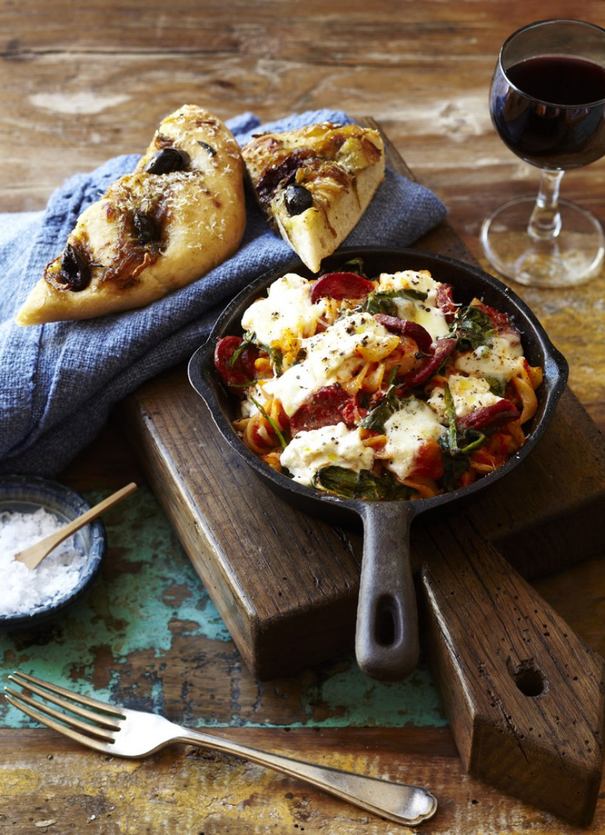 Baked Pasta with Tomatoes, Chorizo and Mozzarella