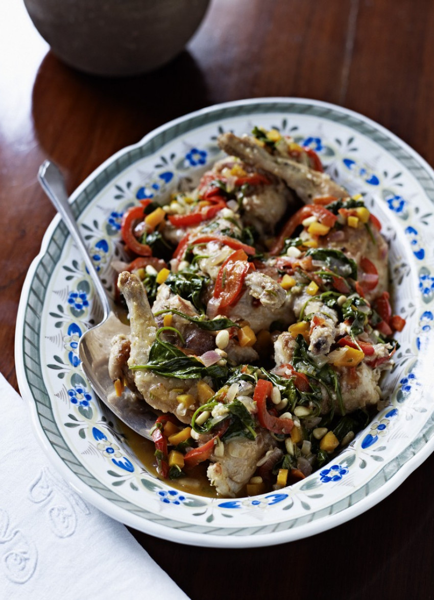 Braised Rabbit with Spinach and Pine Nuts