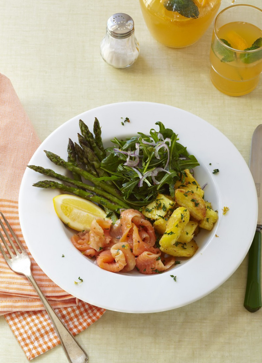 Smoked Salmon, Warm Roasted Gremolata Potatoes and Asparagus 
