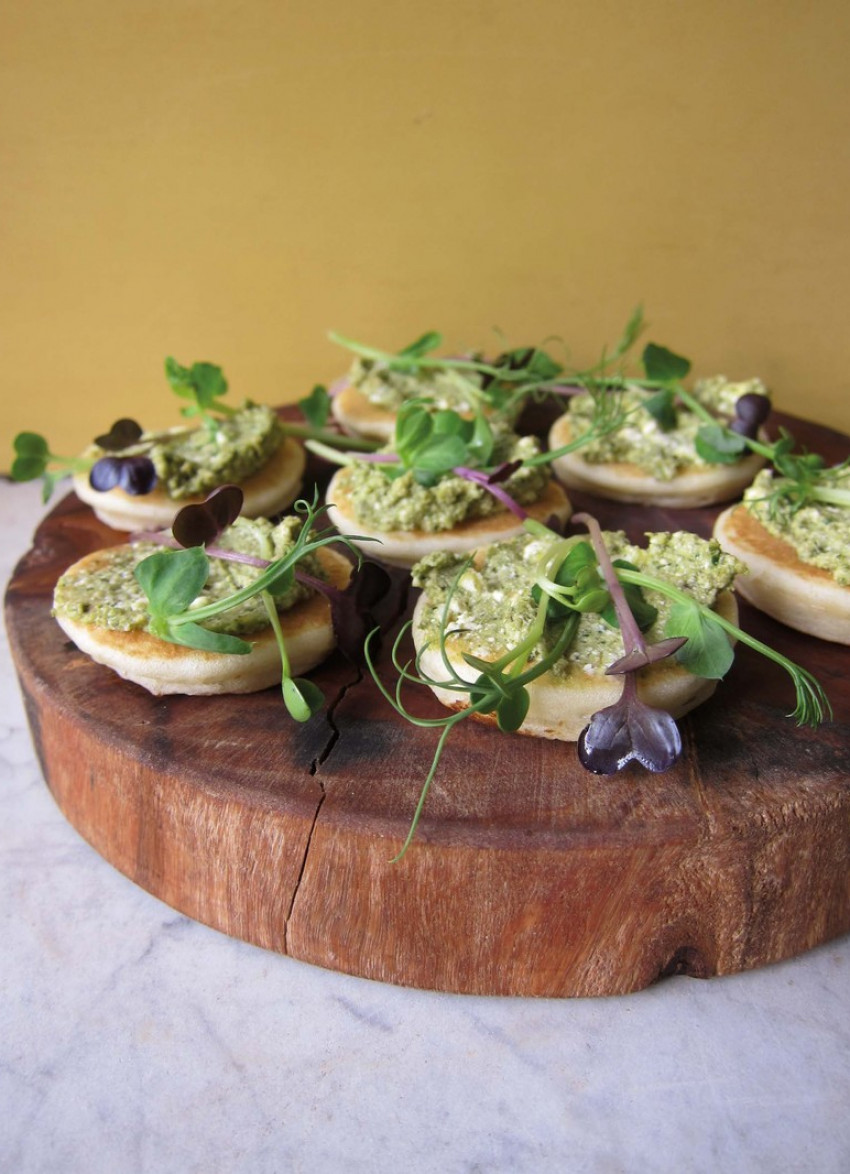 Basil and Cashew Pesto on Savoury Hotcakes with Microgreens 