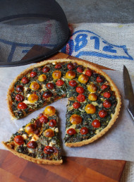 Curly Kale, Chorizo and Cherry Tomato Quiche