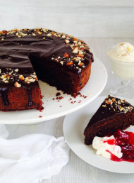 Glazed Chocolate and Roasted Nut Cake with Caramelised Plums