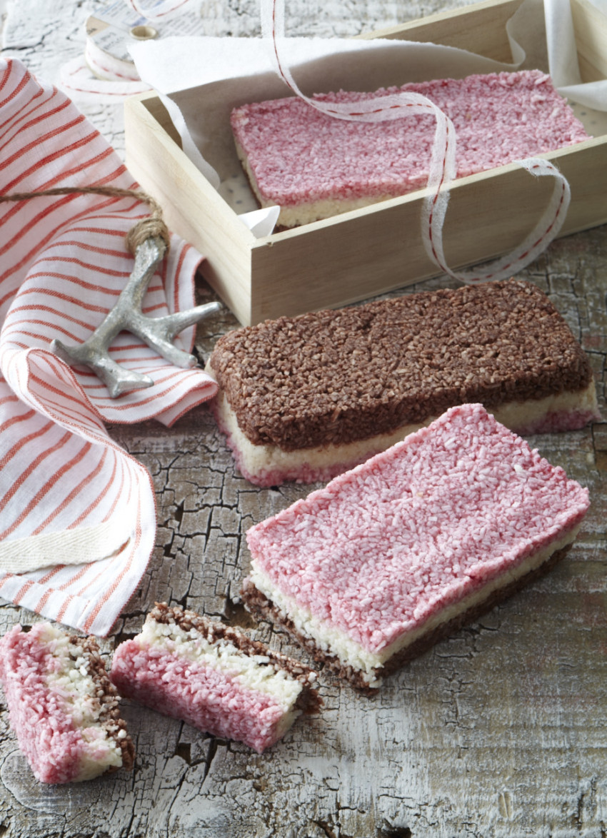 Coconut Ice Raspberry, Vanilla and Chocolate