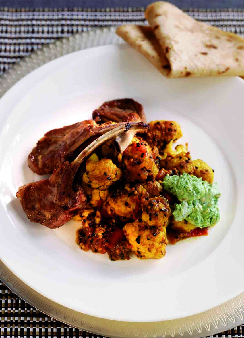 Spicy Braised Cauliflower with Lamb Cutlets and Herb Chutney