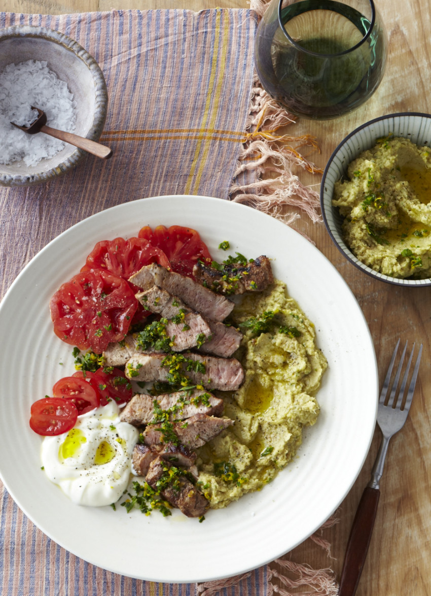 Pork Steaks with Artichoke Hummus