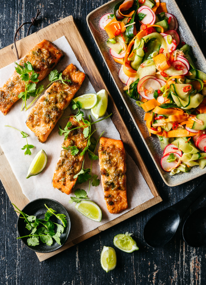Grilled Sesame and Ginger Salmon with Pickled Vegetable Salad